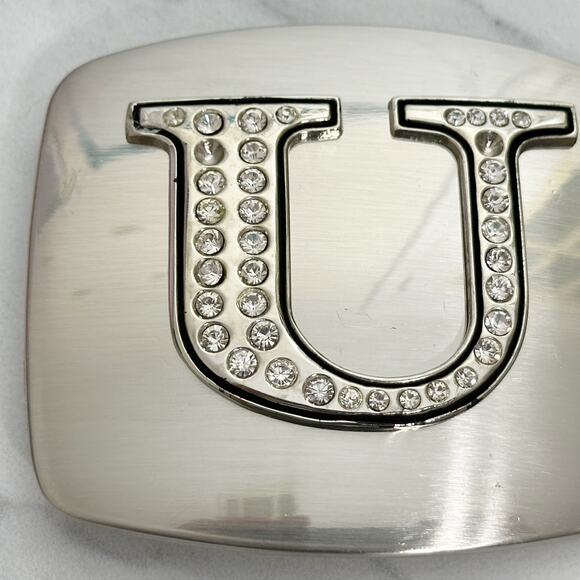Rhinestone Studded U Letter Initial Monogram Silver Tone Belt Buckle - Picture 2 of 9